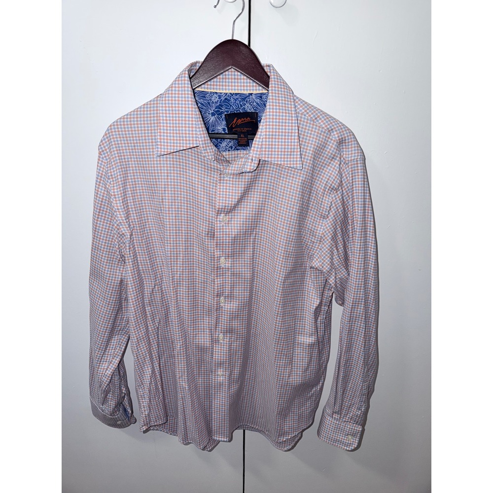 Egara Mens XL Modern‎ Fit Stretch Non Iron Button Down Shirt Orange Blue Plaid
